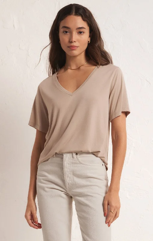 Women's Cotton T-Shirts-Sammie V-Neck Tee in Putty