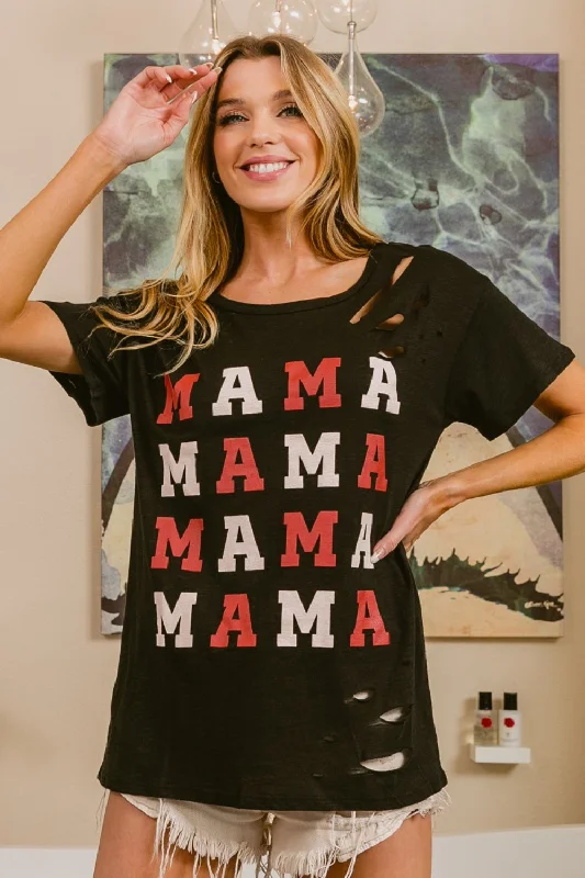 Women's Cold Shoulder T-Shirts-BiBi MAMA Graphic Distressed Short Sleeve T-Shirt