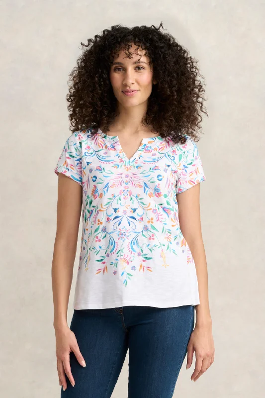 Women's Ruffle Neck T-Shirts-Notch Neck Cotton Tee - Jeanne Border Print