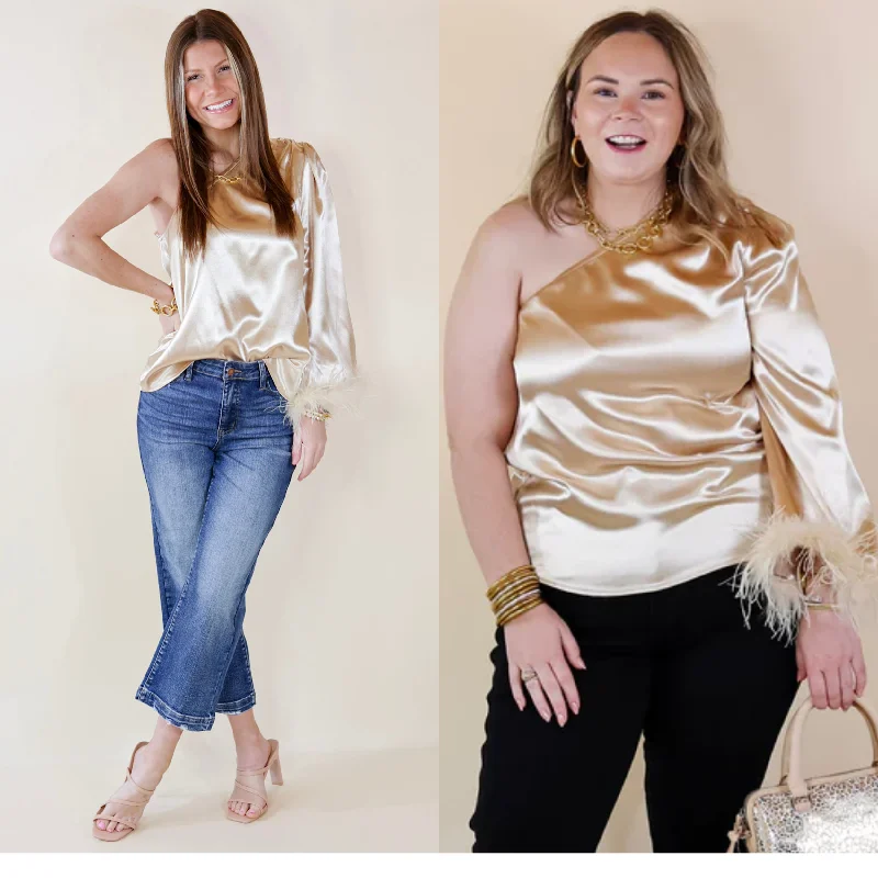 Full On Fashionista One Shoulder Satin Blouse with Feather Trim in Champagne