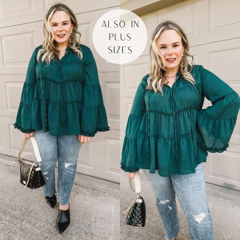 Impressive Touch Striped Bell Sleeve Tiered Blouse in Emerald Green