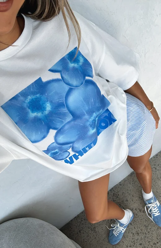 Women's Longline T-Shirts-Bloom For You Oversized Tee White/Blue