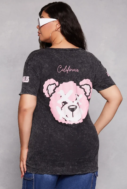 Women's Basic T-Shirts-Plus Size Acid Wash California Bear Graphic Tee