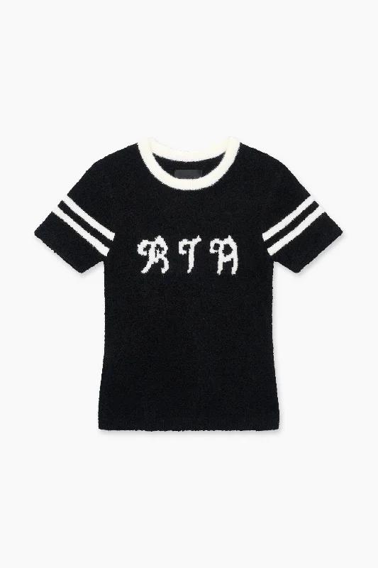 Women's Petite T-Shirts-TEA SWEATER TEE | BLACK & WHITE VARSITY