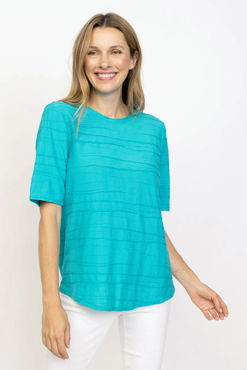 Women's Embroidered T-Shirts-Habitat Sale, 16527 Elbow Sleeve Tee, Lake 50% Off Regular Price