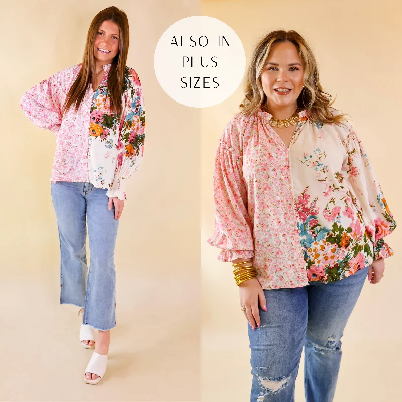 Tulip Time Floral Mix Print Button Up Blouse in Pink