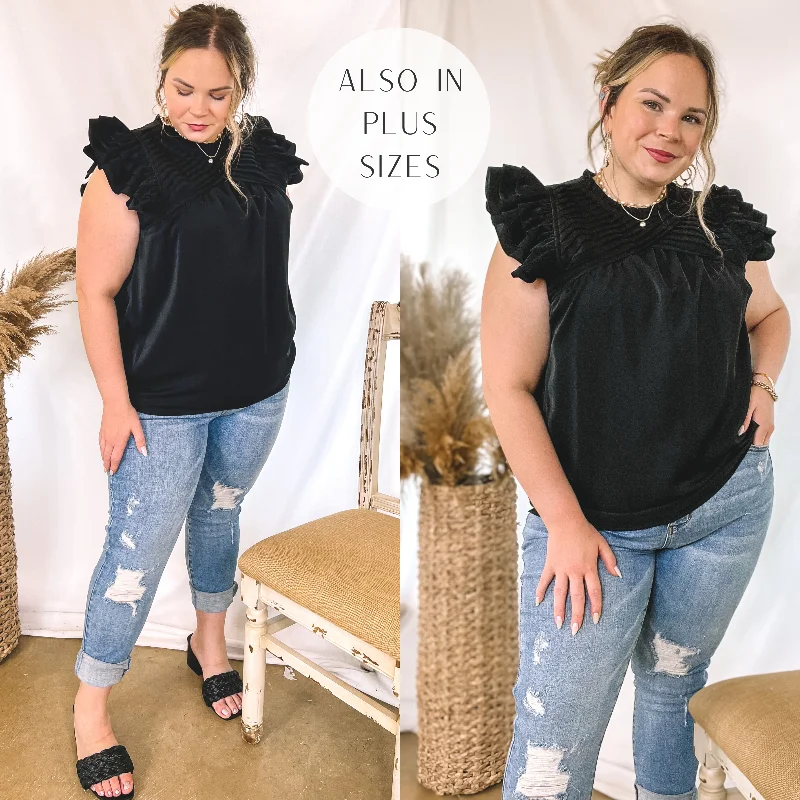 Last Chance Size Large & 1XL | Expect The Best Pleated Upper Blouse with Ruffle Cap Sleeves in Black