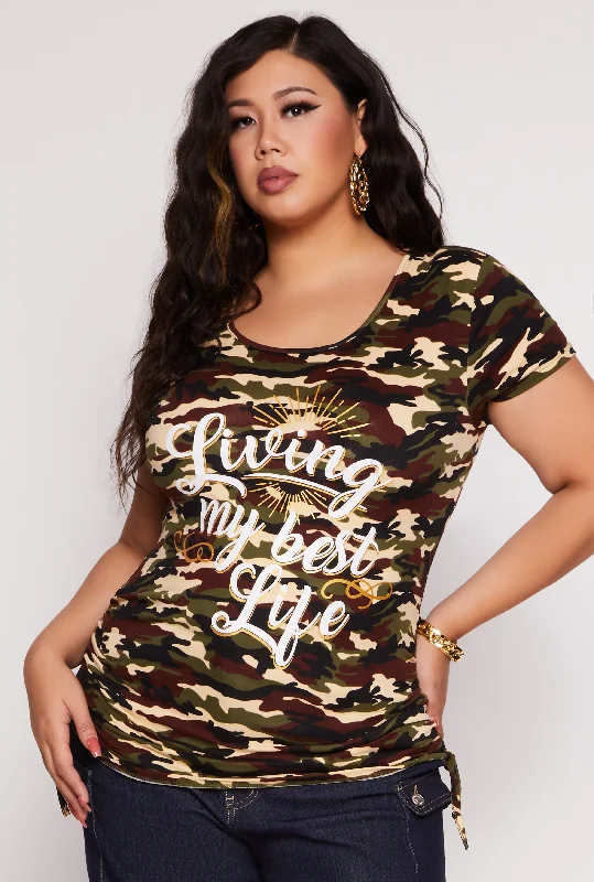 Women's Baroque Print T-Shirts-Plus Size Camo Living My Best Life Graphic Tee