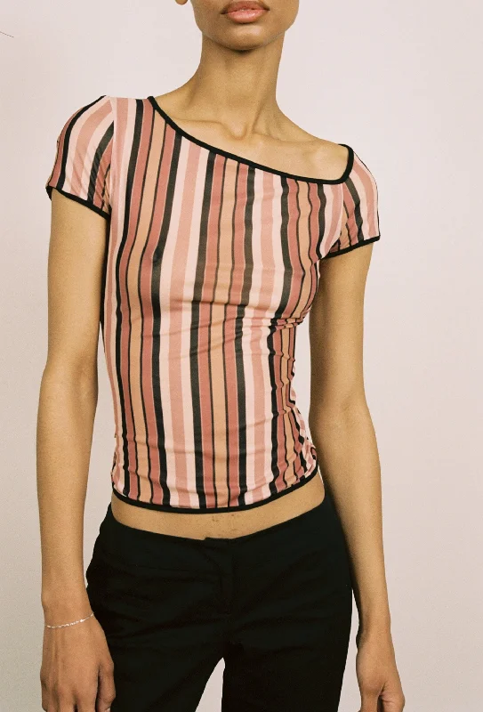 Women's High-Low Hem T-Shirts-MIMI TEE - SALMON STRIPE