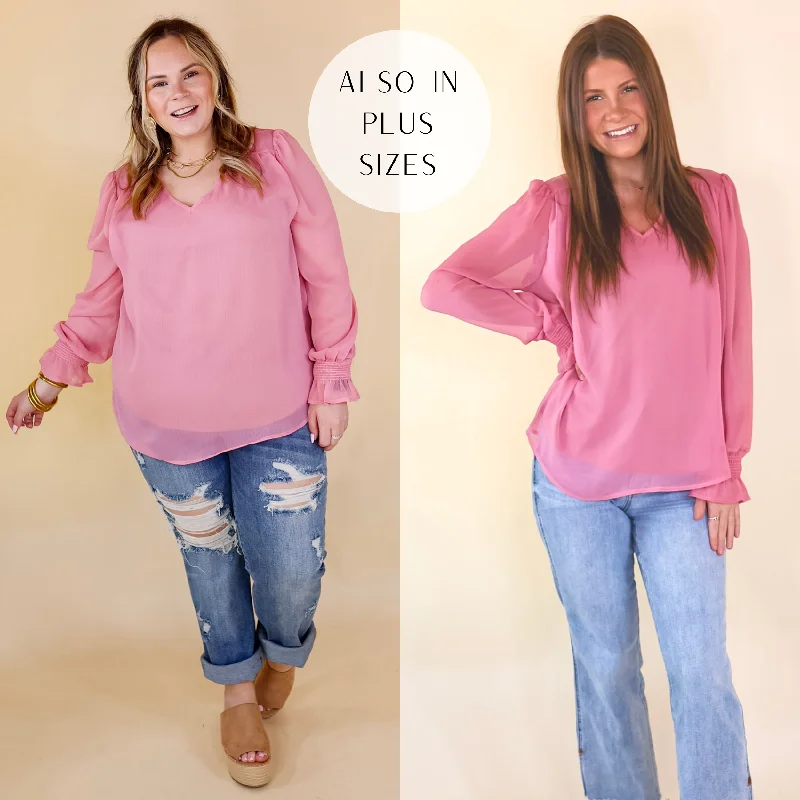 Casually Stunning V Neck Long Sleeve Blouse in Mauve Pink