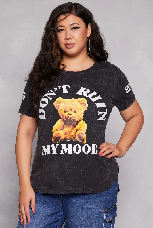 Women's Batwing Sleeve T-Shirts-Plus Size Acid Wash Dont Ruin My Mood Bear Graphic Tee