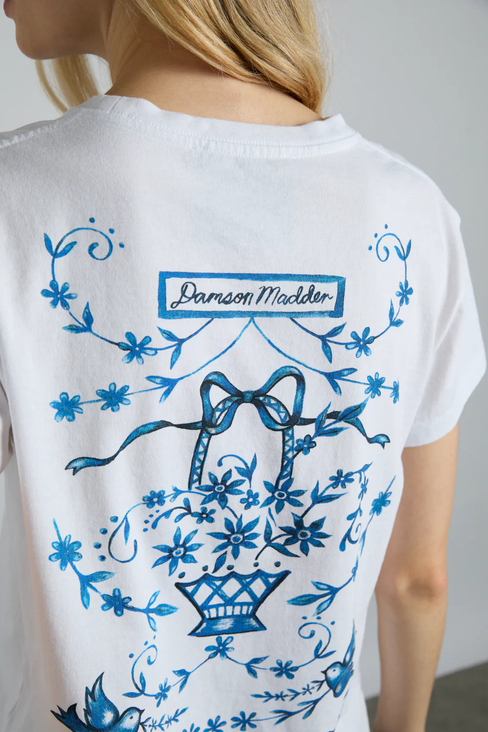 Women's Moisture-Wicking T-Shirts-Damson Madder Flower Basket White Shrunken Tee