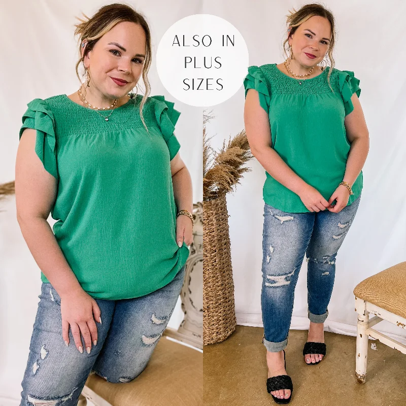 Last Chance Size Small & 3XL | Balcony Nights Ruffle Shoulder Cap Sleeve Blouse in Green