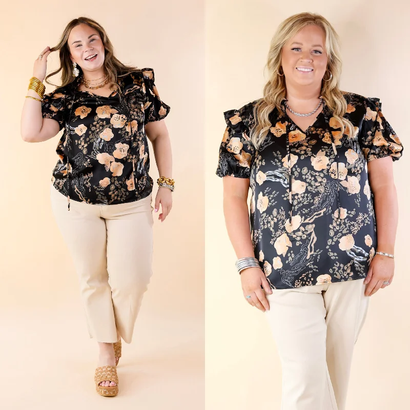 One And Only Mix Print Satin Blouse with Keyhole Front in Black