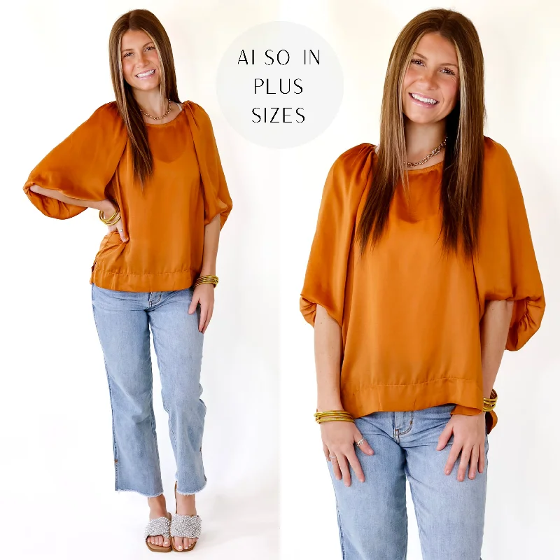 Flash A Smile Half Balloon Sleeve Satin Blouse in Burnt Orange