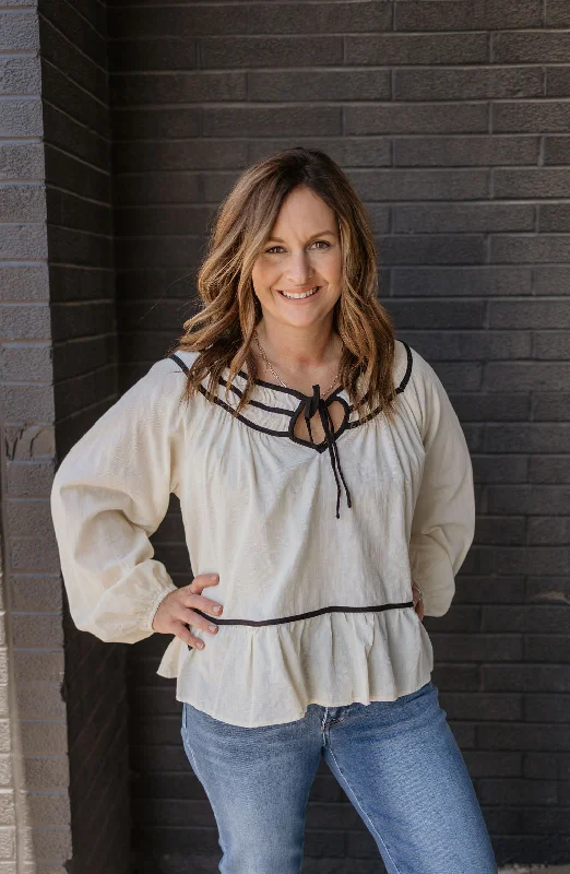 VERONICA CREAM BLOUSE WITH BLACK STITCHING