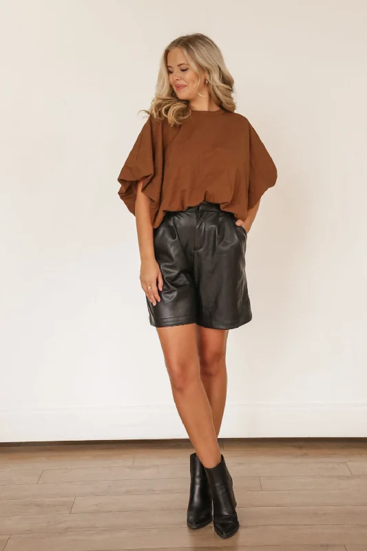 Women's High-Low Hem T-Shirts-Balloon Crop Basic Tee (BROWN)