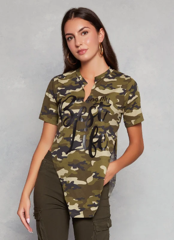 Women's Bow Sleeve T-Shirts-Living My Best Life Camo Tee