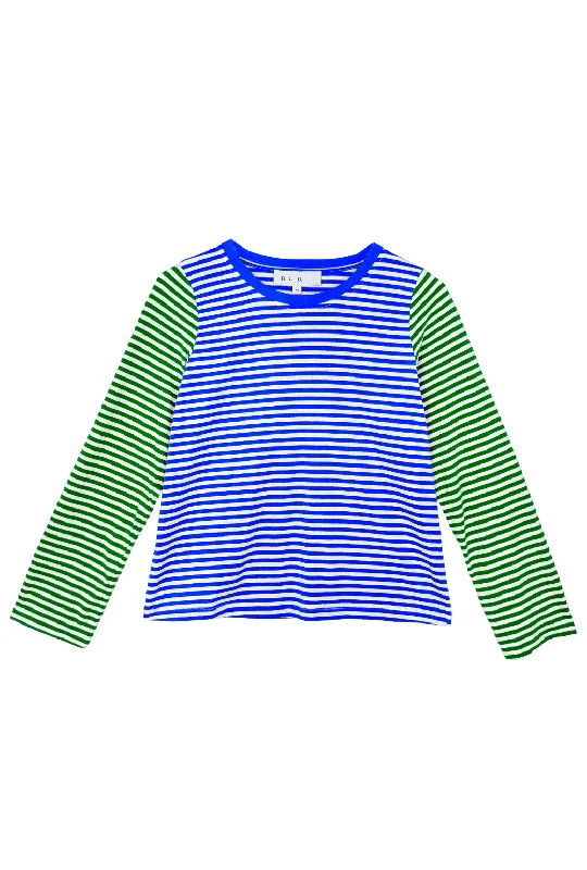 Women's Neon T-Shirts-Crew Neck Contrast Tee - Green and Blue Stripe