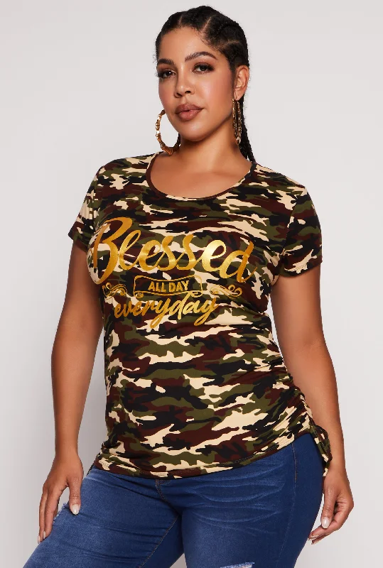 Women's Autumn T-Shirts-Plus Size Camo Blessed All Day Everyday Graphic Tee