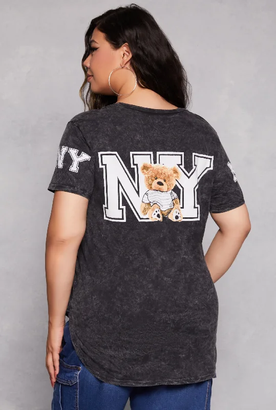 Women's Baseball T-Shirts-Plus Size Acid Wash NY Bear Graphic Tee