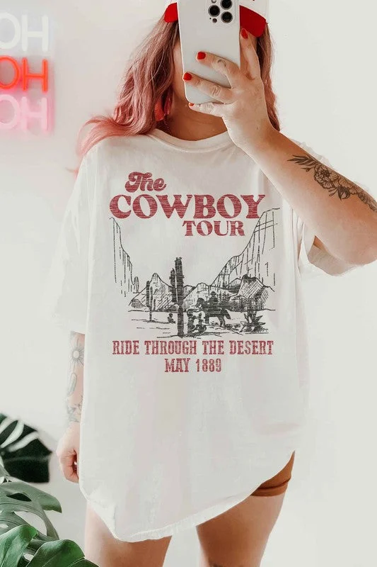 Women's Deconstructed T-Shirts-COWBOY TOUR WESTERN COUNTRY OVERSIZED GRAPHIC TEE