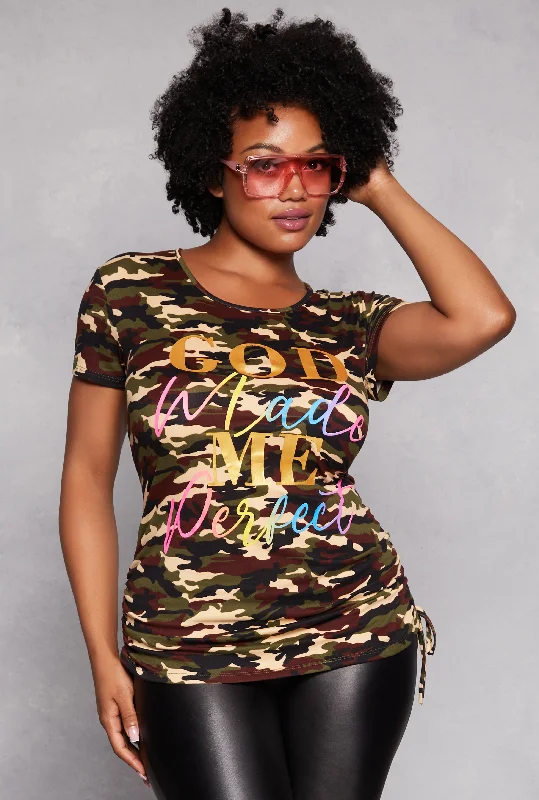 Women's Bell Sleeve T-Shirts-Plus Size Camo God Made Me Perfect Graphic Tee