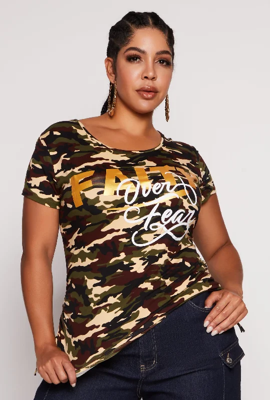 Women's Athletic T-Shirts-Plus Size Camo Faith Over Fear Graphic Tee