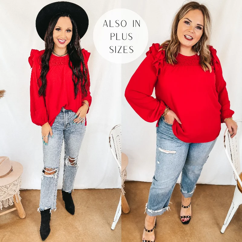 Last Chance Size Small | Balcony Nights Ruffle Shoulder Long Sleeve Blouse in Red