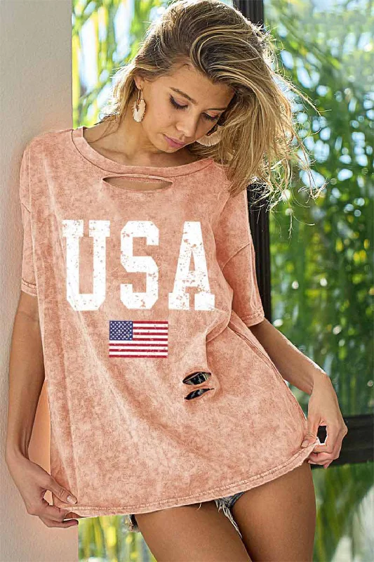 Women's Cinched Waist T-Shirts-BiBi Washed American Flag Graphic Distressed T-Shirt