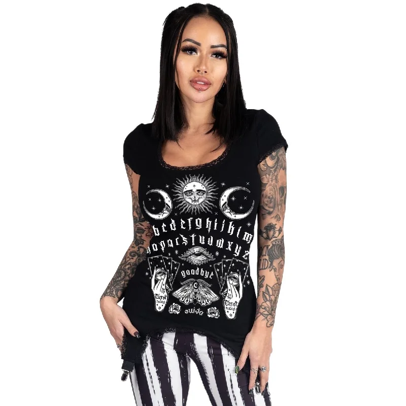 Women's Motivational T-Shirts-Ouija Spirit Board Garter Tee