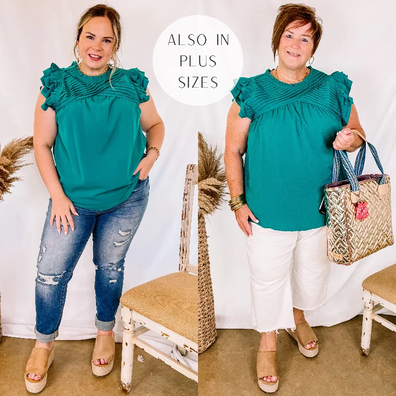 Last Chance Size XL | Expect The Best Pleated Upper Blouse with Ruffle Cap Sleeves in Teal Green