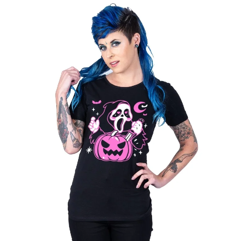 Women's Muscle T-Shirts-Cute Ghostface Pumpkin Graphic Tee