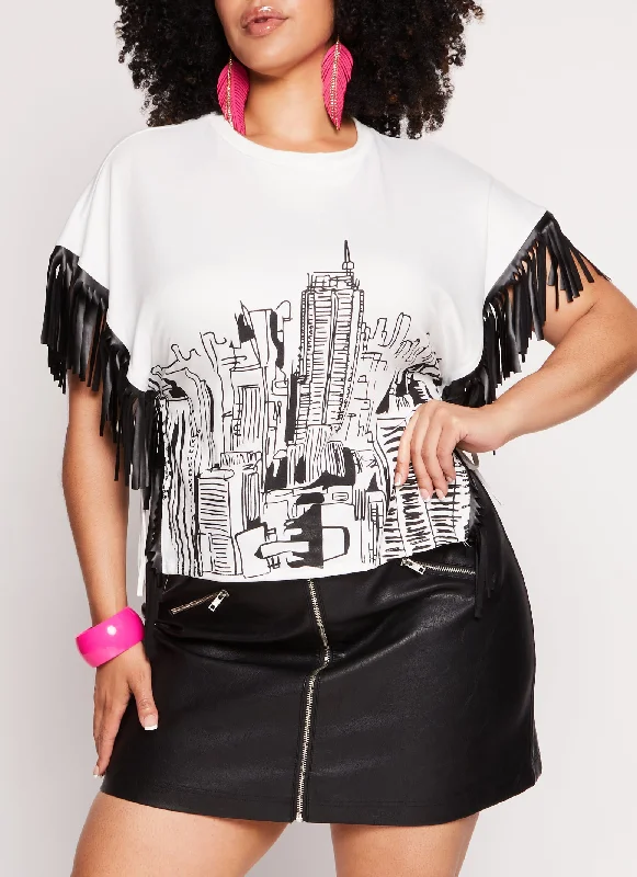 Women's Cap Sleeve T-Shirts-Plus Size Skyline Fringe Hem Graphic Tee