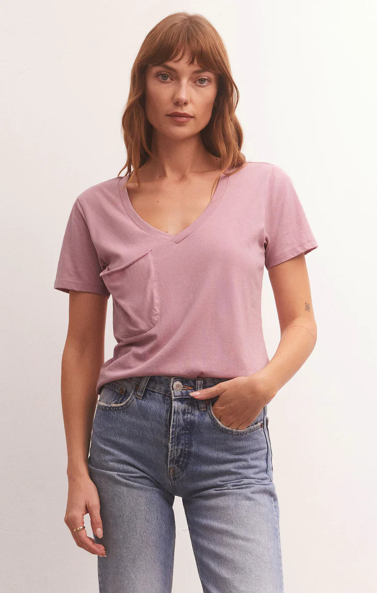 Women's Crystal Detail T-Shirts-Pocket Tee in Shadow Mauve