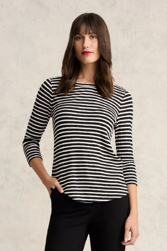 Women's Scalloped Hem T-Shirts-Stripe Boat Neck Tee