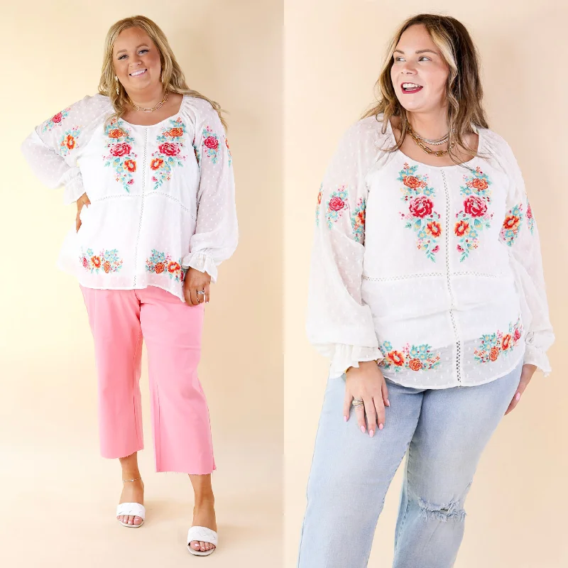 Patio Days Swiss Dot Long Sleeve Blouse with Floral Embroidery in White