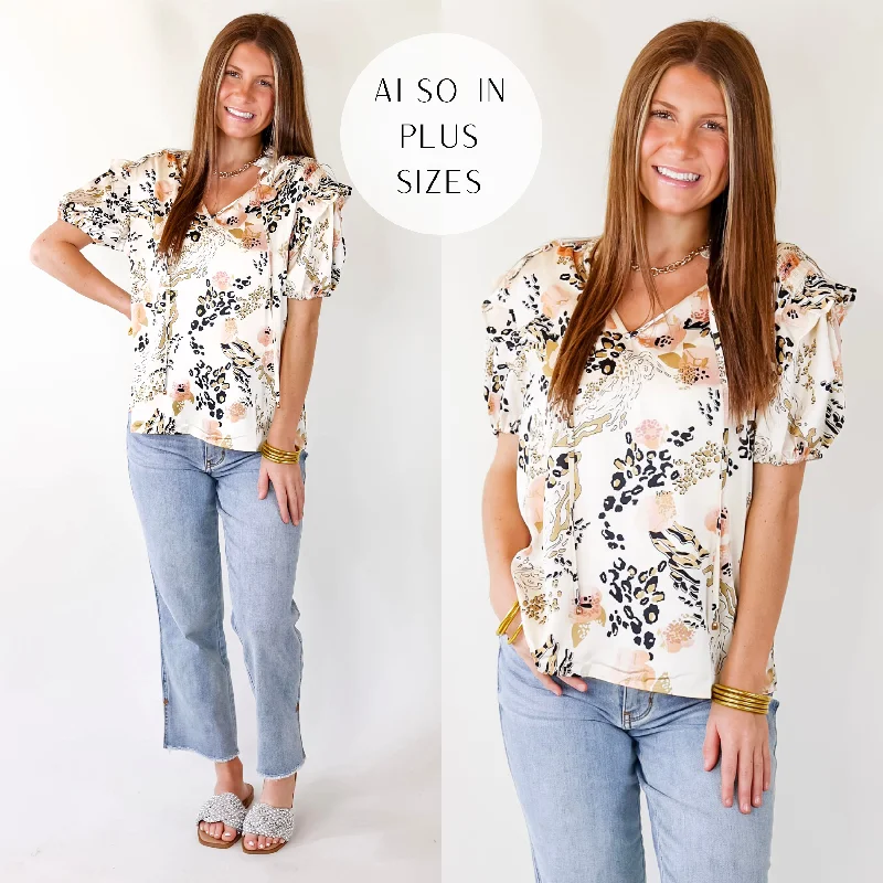 One And Only Mix Print Satin Blouse with Keyhole Front in Ivory