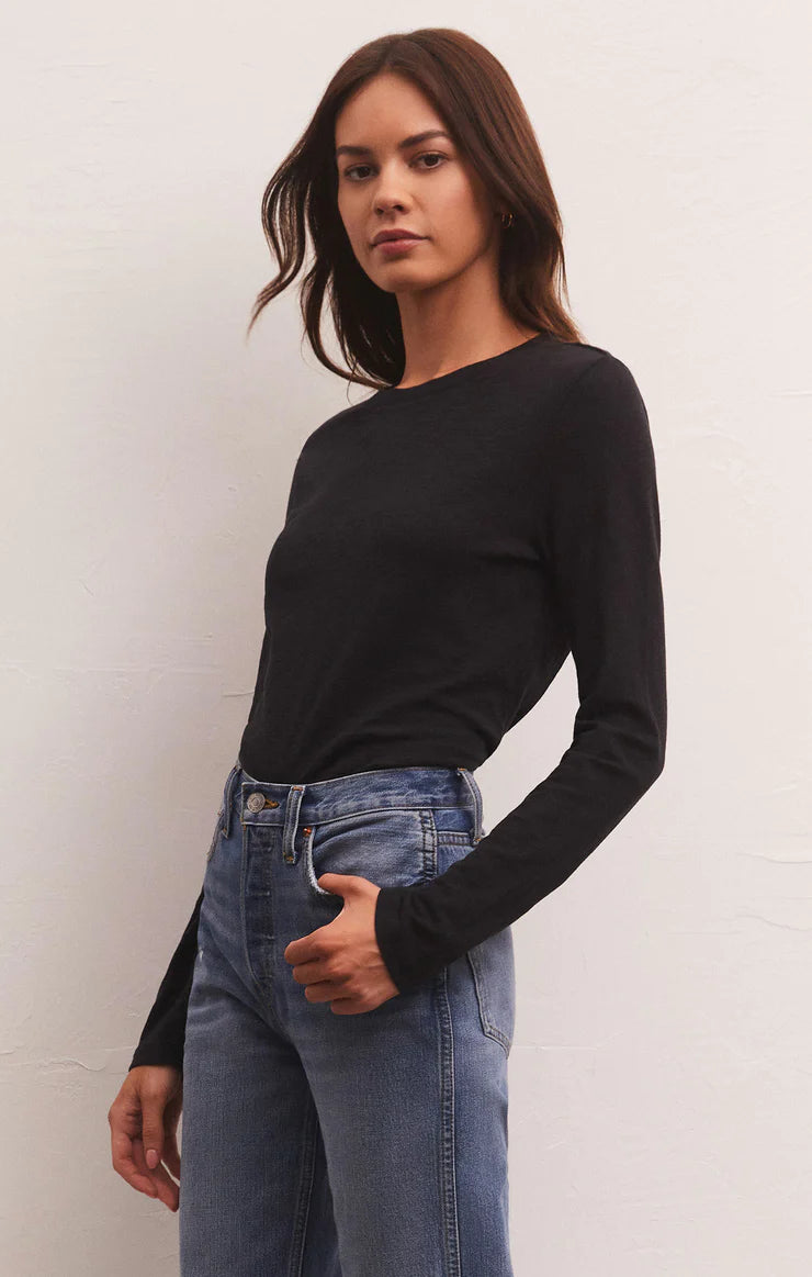 Women's Crew Neck T-Shirts-Modern Slub LS Tee in Black