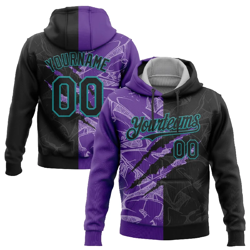 Women's Travel Hoodies-Custom Stitched Graffiti Pattern Black Purple-Teal 3D Scratch Sports Pullover Sweatshirt Hoodie