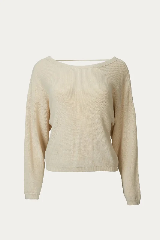 Women's Windproof Pullovers-Twist-Back Cotton-Blend Sweater In Natural