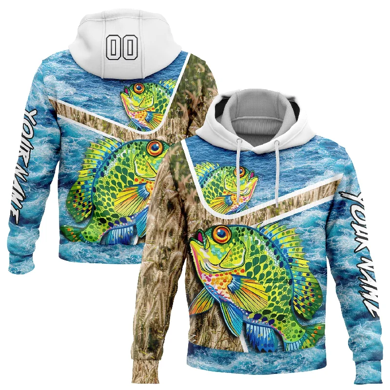 Women's Belted Hoodies-Custom Stitched Lakes Blue White Black 3D Sea Waves And Bluegill Fish Fishing Sports Pullover Sweatshirt Hoodie