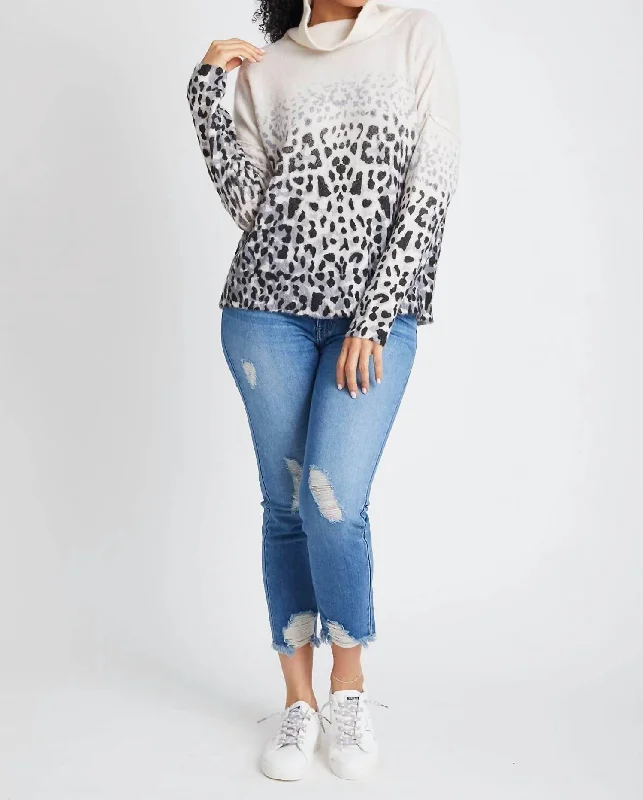 Women's Satin Pencil Pullovers-Faded Leopard Cowl Neck Sweater In Ivory/charcoal