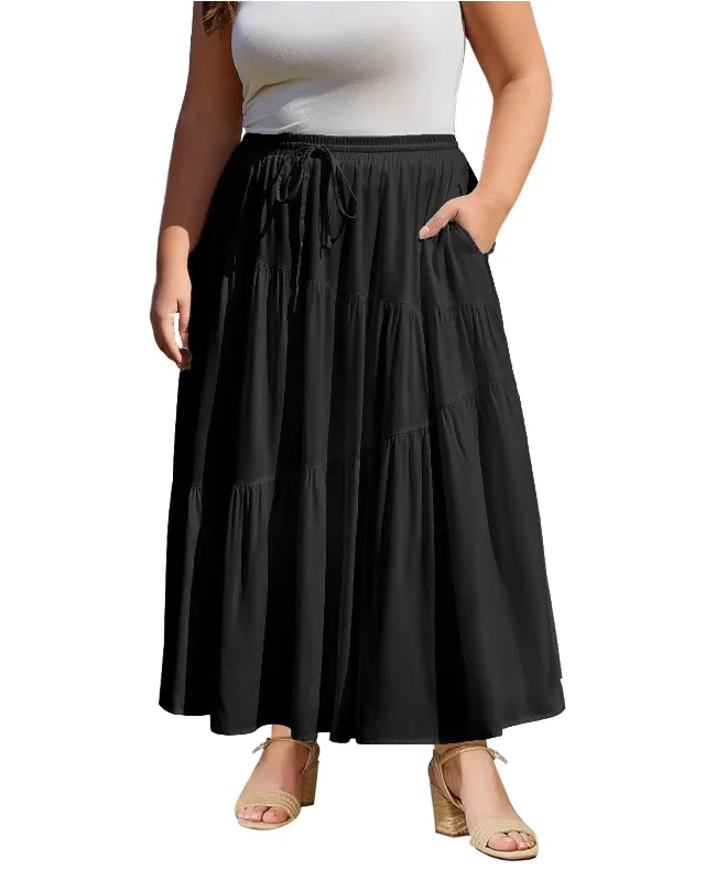 Women's Vacation Skirts-Plus Size Tiered Maxi Skirt-Black