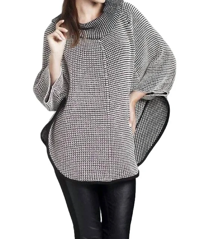 Women's Glitter Pencil Pullovers-Cowl Neck Tweed Poncho In Black/white