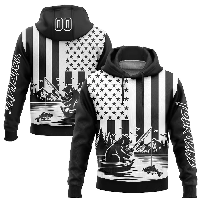 Women's Beaded Hoodies-Custom Stitched Black White 3D American Flag And Fish Fishing Sports Pullover Sweatshirt Hoodie