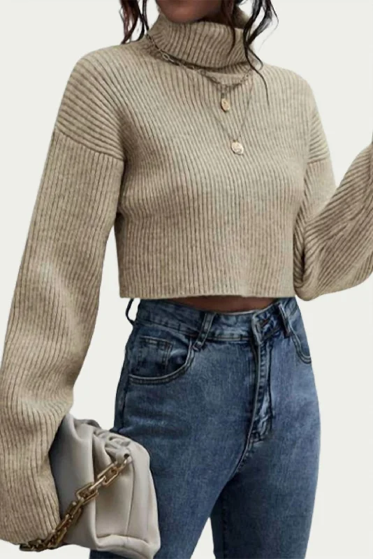 Women's Button-Front Pleated Pullovers-Ribbed-Knit Cropped Turtleneck Sweater In Khaki