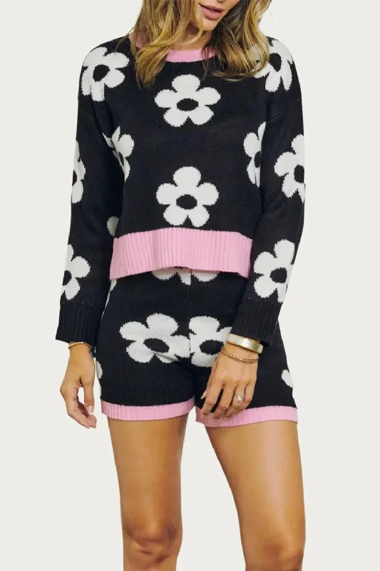 Women's Comfortable Pullovers-Retro Floral Knit Crewneck Cropped Sweater In Black/white/pink