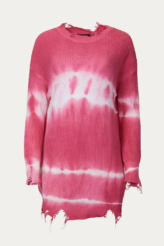 Women's Tulle Ruffle Pullovers-Distressed Tie-Dye Cotton Sweater In Hot Pink