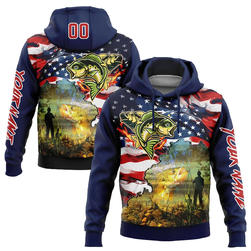 Women's Capsule Wardrobe Hoodies-Custom Stitched Navy Red-White 3D American Flag And Smallmouth Bass Fish Fishing Sports Pullover Sweatshirt Hoodie